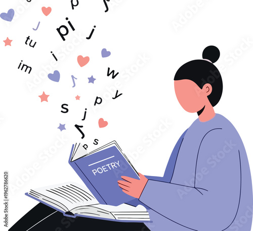Woman reading poetry book deeply.