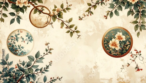 elegant floral batik wallpaper with jasmine vines and ornate medallions in soft cream tones