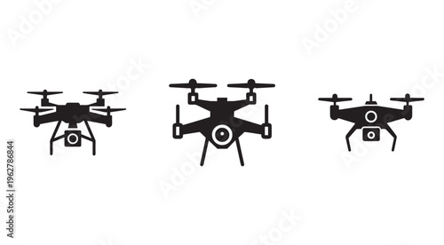 Three black drone icons with different designs and camera equipment  isolated on white background
