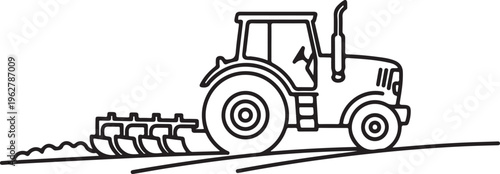 Tractor Plowing Field in Simple Line Art Style Illustration