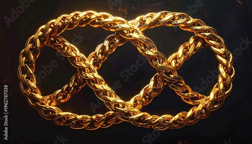 Golden rope chain link texture close-up with dramatic lighting on black background