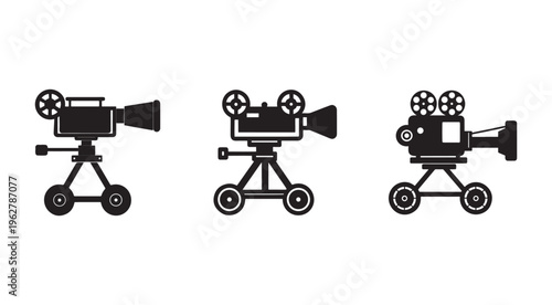 Three black film cameras on tripods with wheels cinematic production equipment for movie making and video recording isolated on white background