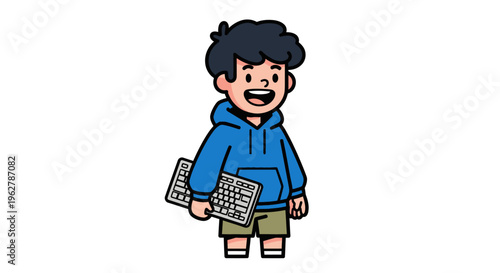 Boy holding computer keyboard smiling.