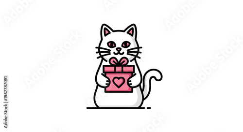 White Cat Holding Pink Gift Box.