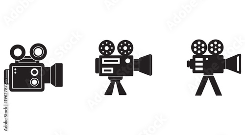 Three black film cameras with different designs on white background  film making equipment