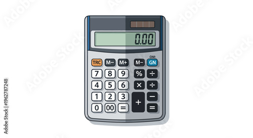 Calculator device with buttons and screen.
