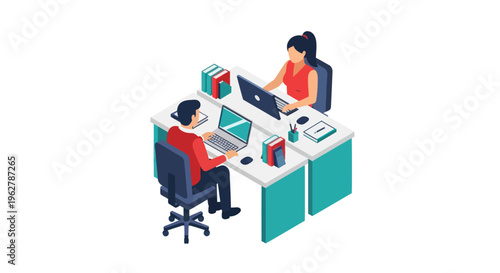 Two people working at office desk.