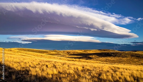 Golden grassland under dramatic stormy sky with cinematic lighting