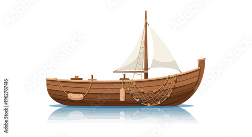 Brown wooden sailboat on water surface.