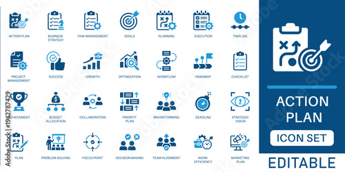 Action plan icon set. featuring business strategy, project management, roadmap, workflow optimization, and strategic vision in blue flat design style.