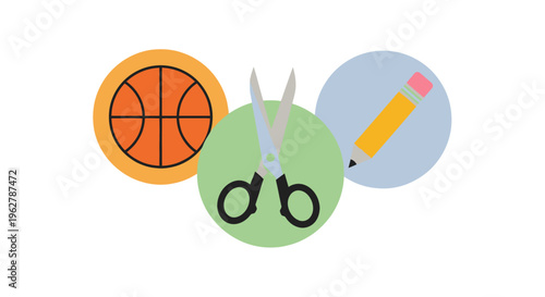 Scissors with basketball and pencil icons.