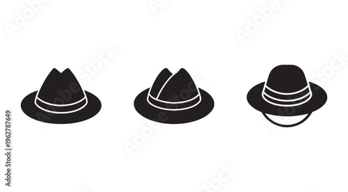 Three black hats with white stripes and different brim styles on white background  fashion accessories