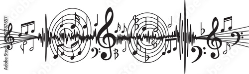 Musical notes and sound waves in black and white illustration
