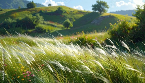Sunlit wildflower meadow with gentle breeze swaying tall grass in summer