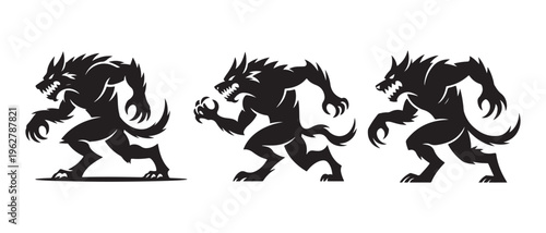 Aggressive Werewolf Silhouettes Prowling, Ferocious Fantasy Beasts Isolated on White Background for Horror Design.