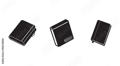 Three black notebooks with elastic closures and different page layouts  isolated on white background