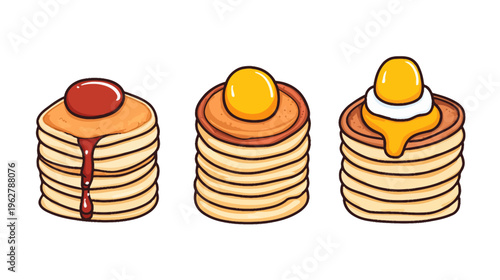 Three stacks of fluffy pancakes with various toppings, syrup, egg yolk, and fried egg