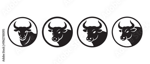 Collection of Black Bull Head Logos in Circular Frames, Modern Graphic Design for Business Strength.
