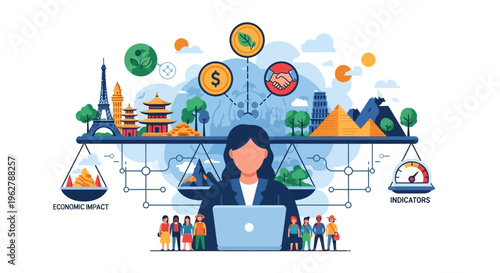 Businesswoman balancing global opportunities and challenges on scales.