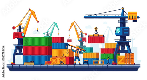 Busy Shipping Port with Cranes and Cargo Containers.