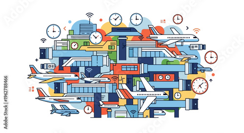 Busy Transportation Hub with Airplanes Cars and Clocks.