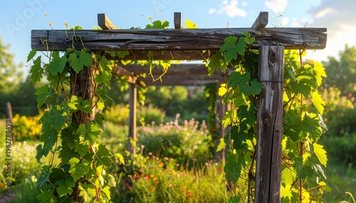 Fresh green grapevines climbing wooden trellis in sunlit vineyard landscape