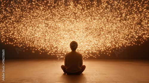 A solitary figure meditating with a backdrop of sparkling lights, symbolizing enlightenment and the abundance of ideas