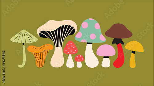 Whimsical Mushroom Cluster: An artistic arrangement of various mushrooms, each with its unique cap shape and color palette, adding a touch of natural charm.