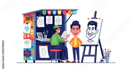 Caricature Artist Drawing a Smiling Mans Portrait.