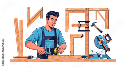 Carpenter Measuring Wood with Tools and Equipment.