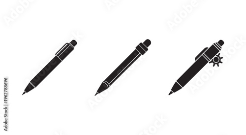 Three black pens with white outlines in different positions on white background  office supplies