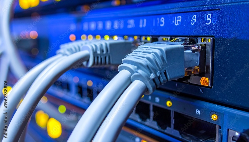 Naklejka premium High-Speed Network Ethernet Cables Connected to Data Center Server Switch with Blinking Indicator Lights