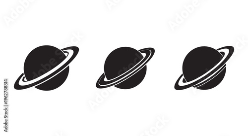 Three black planet icons with rings in different positions  isolated on white background