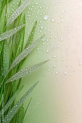 Elegant green blades of grass with water droplets against a soft gradient background, emphasizing freshness and vitality