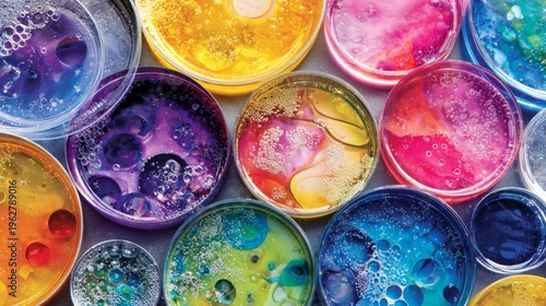 Colorful petri dishes with vibrant liquids and bubbling reactions in laboratory setting, abstract scientific experiment with bright chemical textures and dynamic fluid patterns in research environment