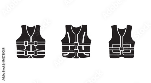 Three black safety vests with white outlines on white background  life jackets for protection