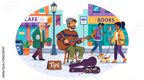 Bearded man playing guitar on street for tips.