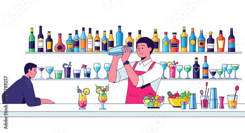 Bartender making cocktail at bar counter with customer.