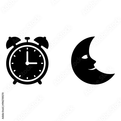 Black alarm clock, crescent moon icons, nighttime symbols, sleep and time vector graphics