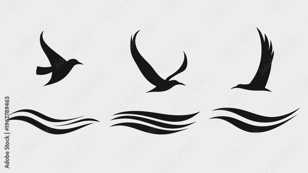 Obraz premium Three black bird silhouettes soaring above wave-like lines on a plain light grey background
