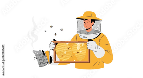 Beekeeper in protective suit holding honeycomb frame with bees.