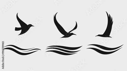 Three black bird silhouettes soaring above wave-like lines on a plain light grey background
