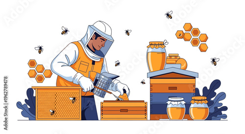 Beekeeper in protective suit tending to beehives and honey jars.