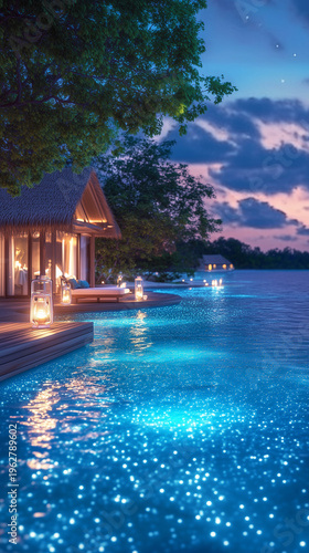 Serene tropical evening by the pool, illuminated by lanterns, showcasing a tranquil atmosphere with a beautiful sunset in the background