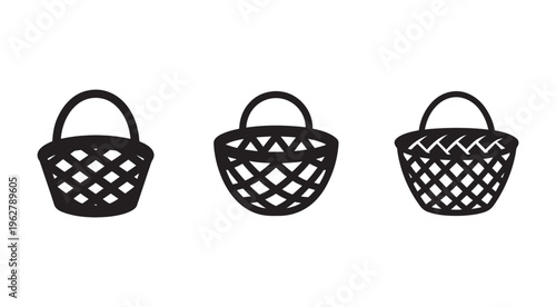 Three black silhouette baskets with handles and woven patterns on transparent background for icons or design elements