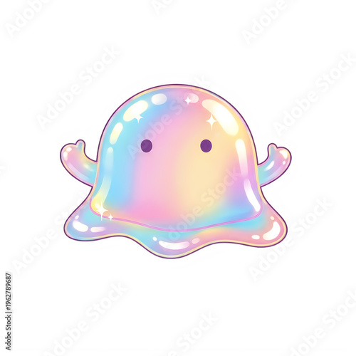 A cute slime creature with a shiny iridescent holographic texture featuring two small purple eyes and tiny raised arms outstretched isolated on transparent background