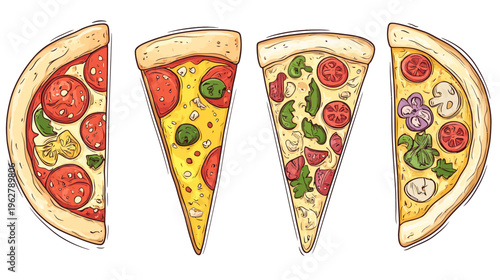 Four delicious, illustrated pizza slices with various toppings, isolated on white background