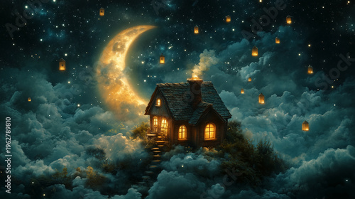 A cozy house nestled among clouds under a glowing moon, illuminated by lanterns, creating a magical, dreamlike atmosphere
