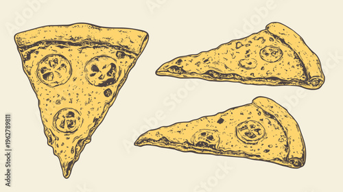 Illustration of several pizza slices on a beige background, with a vintage aesthetic