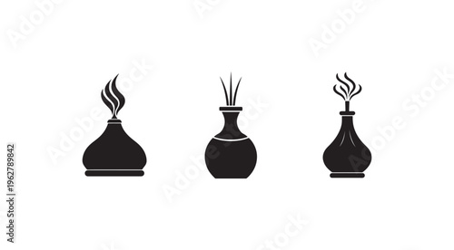 Three black silhouette icons of incense burners with smoke and sticks on white background  simple graphic design elements